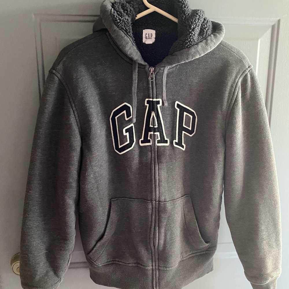 Mens Gap zip up sweatshirt. Dark gray, Sherpa lined. X-Small.